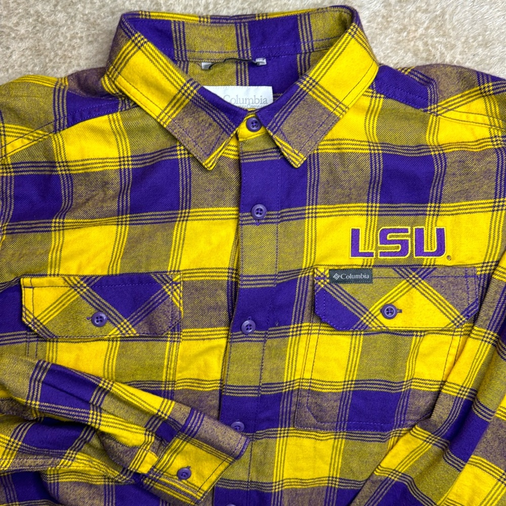 Columbia college team flannel/plaid shirt Purple/Yellow size M